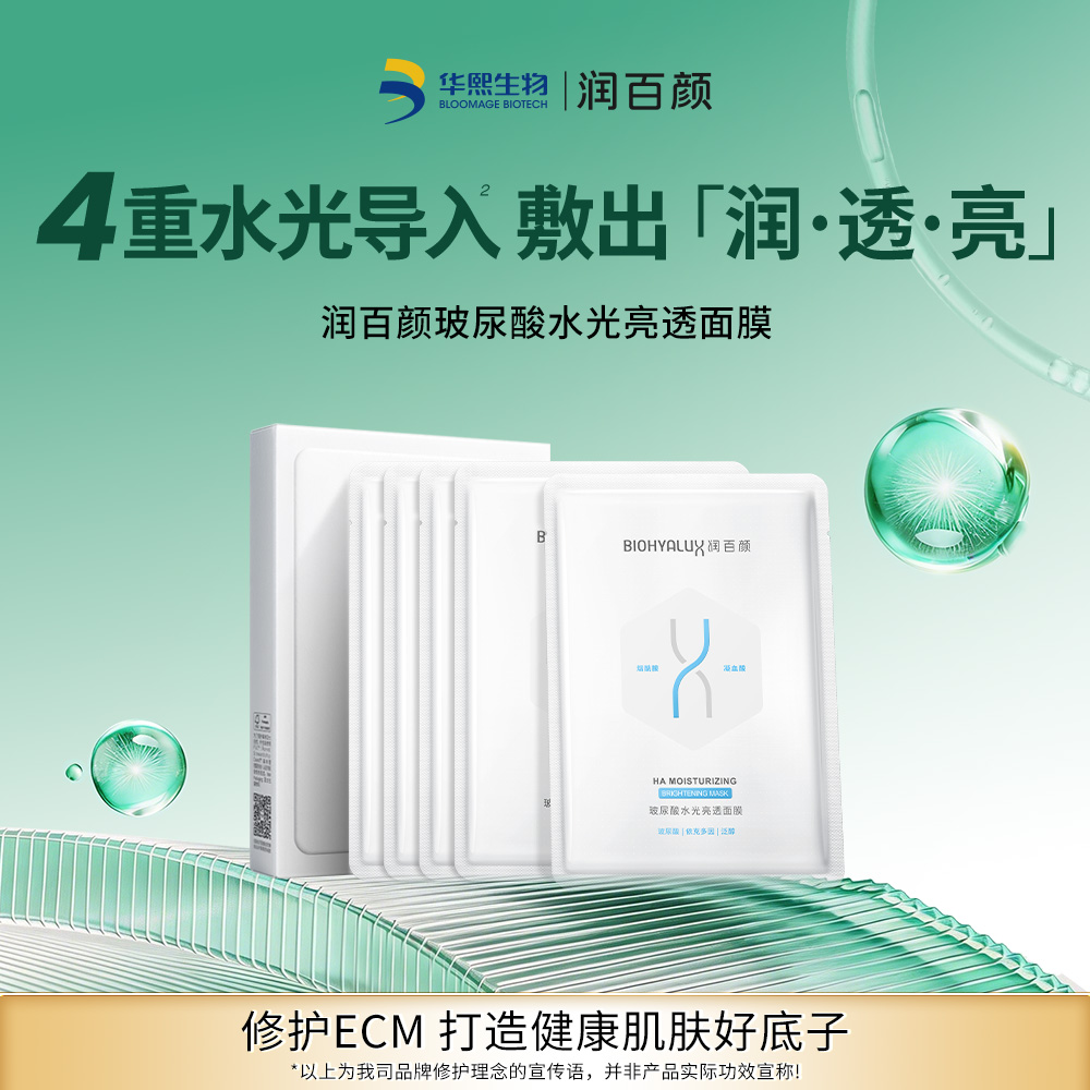 润百颜 【莹润补水】水光亮透面膜 水光亮透肉肉面膜补水保湿玻尿酸华熙生物 28g*5片/盒