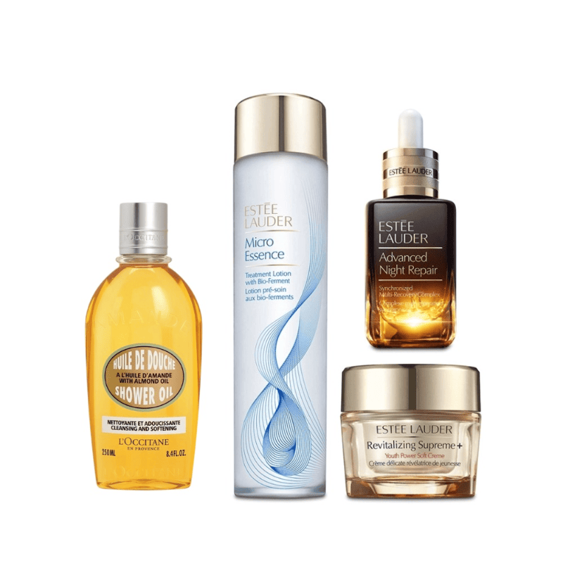 【护肤套组】雅诗兰黛经典三件套+欧舒丹沐浴油 50ml+200ml+75ml+250ml