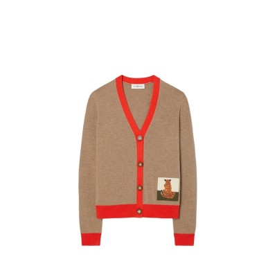 TORY BURCH 汤丽柏琦老虎拼饰羊绒开衫